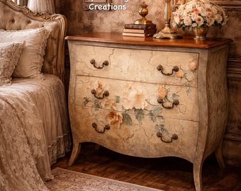 Vintage Floral Dresser/ French Country Cottage Furniture/ Romantic Old World Charm Dresser