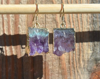 Raw Amethyst Slice Drop Dangle Crystal Earrings / Amethyst Earrings/ Amethyst Jewelry