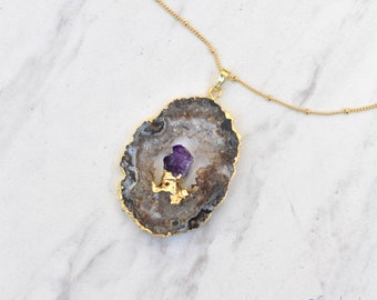 Raw Agate Amethyst Pendant Necklace/ Amethyst Jewelry/ Gold Amethyst Necklace