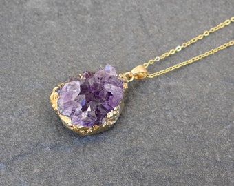 Raw Amethyst Druzy Crystal Pendant Necklace/ Amethyst Jewelry/ Gold Amethyst Necklace