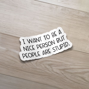 I want to be a nice person but people are stupid sticker - Funny Stickers, Sarcastic Sticker, Laptop Sticker, Decal, Water Bottle Sticker