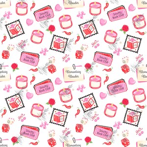 May include: A repeating pattern featuring pink candles, red chili peppers, pink hearts, red roses, pink balloon animals, and pink tickets labeled Smutty Book Club. Also includes postage stamps with red books and notes labeled Romantasy Reader.
