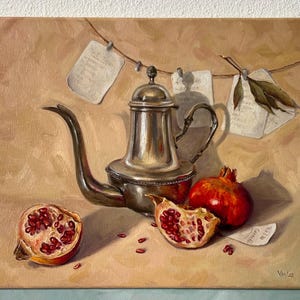 Pomegranates and Silver,  Original Oil Painting on Canvas, Colorfull wall art.