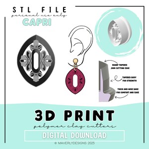 Puede incluir: Imagen de un cortador de arcilla polimérica impreso en 3D para pendientes. El diseño incluye una ilustración de pendientes, un modelo de cortador y un diagrama que destaca características como el borde de corte afilado y el cuerpo cónico. El texto incluye "CAPRI" y "DESCARGA DIGITAL."