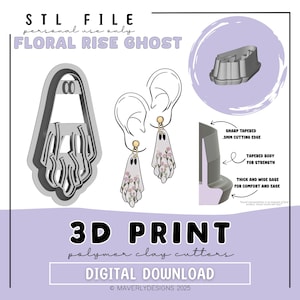 Könnte beinhalten: Ein digitales Download-Bild mit einem geisterförmigen Polymer-Ton-Ausstecher und Geisterohrringen mit floralen Designs. Das Bild enthält den Text "STL FILE", "FLORAL RISE GHOST" und "3D PRINT". Der Ausstecher hat eine scharfe, konische Kante.