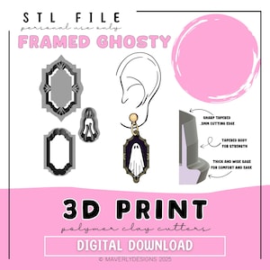 Op de afbeelding: Een roze afbeelding met de tekst "FRAMED GHOSTY" en "3D PRINT polymer clay cutters DIGITAL DOWNLOAD". De afbeelding bevat een spookoorbelontwerp, frame-uitsteekvormen en een diagram van een uitsteekvorm met afmetingen.