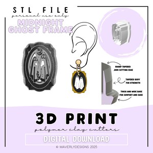 Op de afbeelding: Afbeelding van een digitale download met een 3D-printontwerp voor polymeerklei-uitstekers. Het ontwerp toont een "Midnight Ghost Frame" met een spookoorbel en een snijdiagram. De tekst luidt "STL FILE" en "DIGITAL DOWNLOAD".