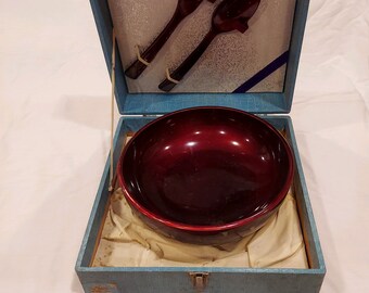 Japanese 3-piece, lacquered cherry wood salad, serving bowl with matching serving utensils