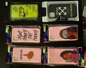 May include: Assortment of 10 colorful phone cases with various designs.  The cases feature a variety of graphics, including a pill bottle, a logo, a hand gesture, and a woman's face.  The cases are all pink, black, white, and green.