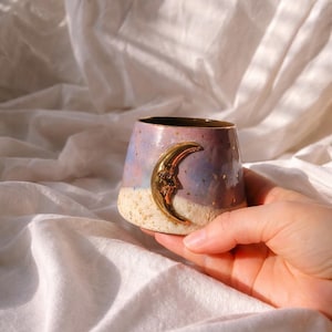 Handmade Porcelain Mug, Golden Crescent Moon Cup, Starry Night Pottery Coffee Mug