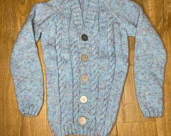 Hand knitted tweed pale blue soft & snuggly cardigan