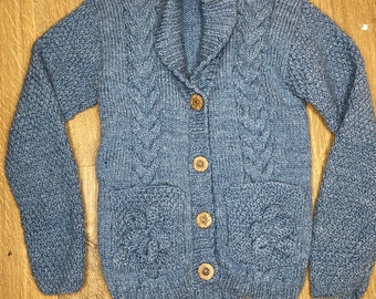 Grandma Carole favourite cable knit cardigan with flower motif on pocket - Airforce Blue - shawl collar/Purple - normal collar