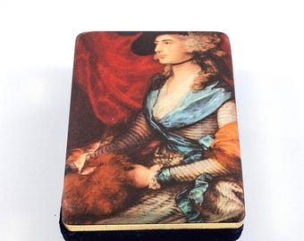 Vintage Arnex Padded Jewelry Box, Gainsborough Portrait of Mrs. Siddons, Gold-Tone & Navy Velvet