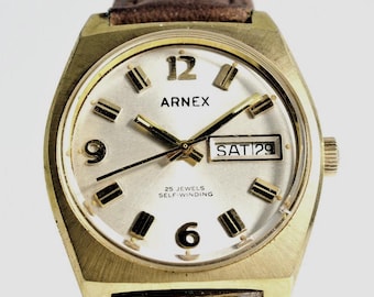 Vintage Arnex Automatic Wristwatch, Swiss A. Schild 2066, 25 Jewels, Day-Date, Gold-Tone