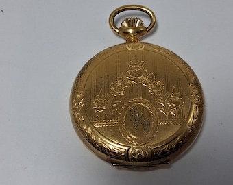 Engraved Gold-Tone Hunter Pocket Watch, Arnex Unitas 6498, Rose Enamel Dial, 1975