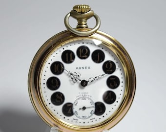 Vintage Arnex Open-Face Pocket Watch, Unitas 431, 17 Jewels, Blue Cartouche Dial, Gold-Tone