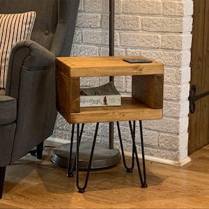 Industrial Hairpin Legs bedside table/Side Tables/Rustic Chunky handmade furniture/Solid pine wood/Handmade to order/Many Colours