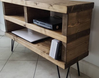 Handmade Rustic Pine TV Stand with Hairpin Legs