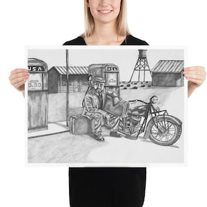 Graphite Drawing Motorcycle Traveler Print, Home Decor, Traveler, Motorcycle