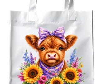 Imagen PNG de vaca de las Tierras Altas / Clip art de ternero con girasoles florales (descarga digital)