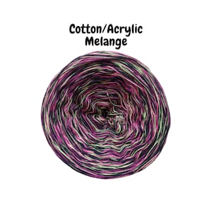 May include: A skein of yarn in a black, pink, and green colorway. The yarn is a blend of cotton and acrylic and is labeled "Cotton/Acrylic Melange".
