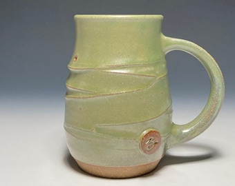 Ceramic mug, Wheel-thrown stoneware pottery in Green Tea glaze, 11 ounce capacity.
