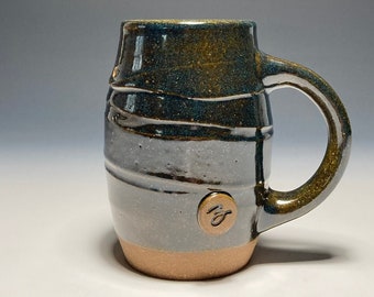 Ceramic mug, Wheel-thrown stoneware pottery with seashells in Deep Emerald glaze, 10 ounce capacity.