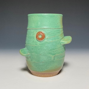 12 oz Ceramic Cup - Wheel Thrown Stoneware Cup - Satin Patina Green Glaze - Right-Handed Grip - Handmade Pottery for Cool and Warm Beverages