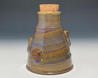 Ceramic flask with cork, Wheel-thrown stoneware pottery in Fleeting Purple glaze, 5 ounce capacity.