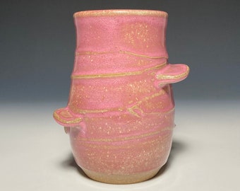 Taza de cerámica hecha a mano de 355 ml (12 oz) - Gres torneado - Taza para diestros - Esmalte rosa opalino