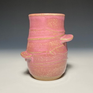 12 oz Ceramic Cup - Wheel Thrown Stoneware Cup in Pink Opal Glaze - Right-Handed Grip - Handmade Pottery for Cool and Warm Beverages
