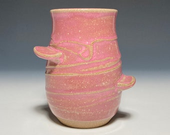 Ceramic cup, Wheel-thrown stoneware pottery in Pink Opal glaze,  left-handed finger placement, 11 ounce capacity.