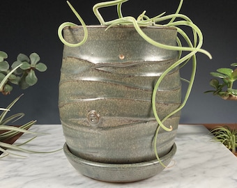 Ceramic planter with water catch, Wheel-thrown stoneware pottery in Smoke glaze, medium size.