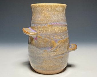 Ceramic cup, Wheel-thrown stoneware pottery in Fleeting Purple glaze, left-handed finger placement, 12 ounce capacity.