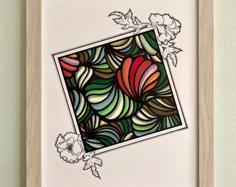 Poppy flower illustration, Botanical print without frame, Abstract floral art titled Pleading Poppies, 9 inches by 12 inches.