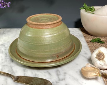 Ceramic butter dish, Wheel-thrown stoneware pottery in Green Tea glaze, Bowl and plate set.