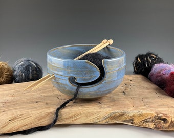 Ceramic yarn bowl, Wheel-thrown stoneware pottery yarn holder in Arctic Blue.
