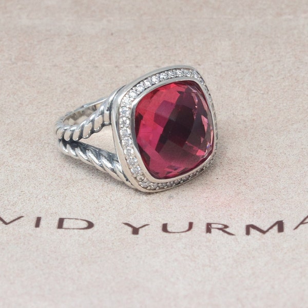 David Yurman 14mm Sterling Silver Albion Pink Tourmaline & Diamond Ring size 6