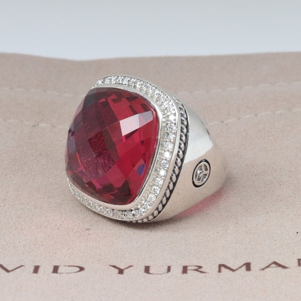 David Yurman 20mm Sterling Silver Albion Pink Tourmaline & Diamond Ring size 5.75