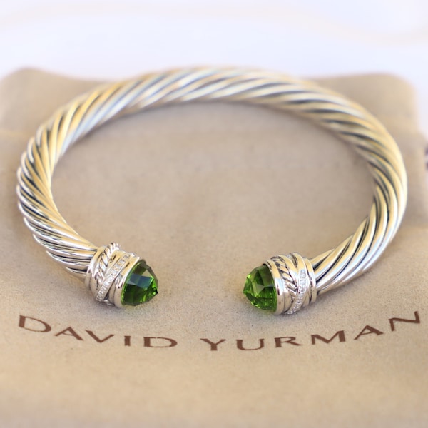 David Yurman Sterling Silver 7mm Cable Crossover Peridot & Diamond Bracelet