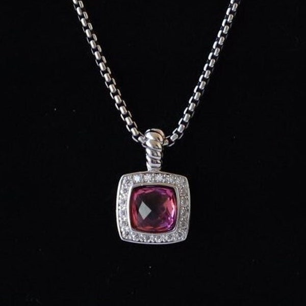 David Yurman Sterling Silver Albion 7mm Pink Tourmaline w/ Diamonds Pendant Necklace 18”