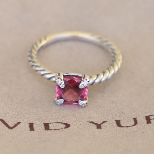 David Yurman Sterling Silver 8mm Chatelaine Ring Pink Tourmaline & Diamonds size 7.5