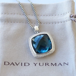 David Yurman Sterling Silver 20mm Albion Hampton Blue Topaz Pendant Necklace 18”