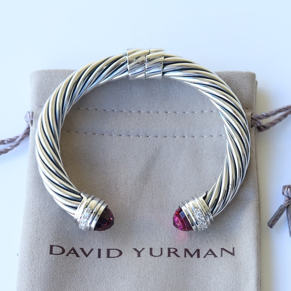 David Yurman Sterling Silver 10mm Cable Classic Pink Tourmaline w/ Diamond Bracelet