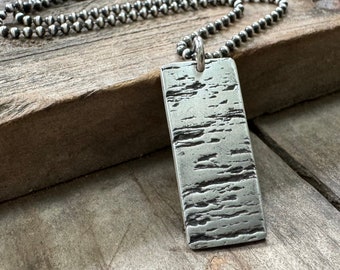 Oxidized Sterling Silver Necklace - Wood Grain Dog Tag Pendant
