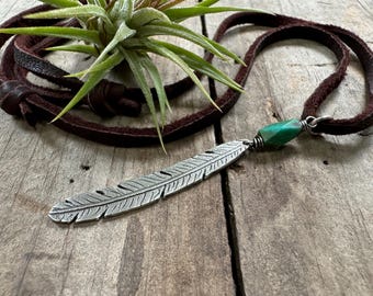 Tribal Style Silver Feather Necklace with Natural Turquoise Bead - Rustic - Boho - Leather or Chain - Unisex - Men - Women