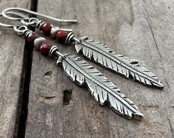 Rustic Sterling Silver Feather Earrings – Red Jasper Boho Dangles