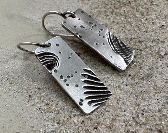 Silver Mismatched Seashell Impression Earrings - Oxidized Sterling Silver - Raw Rustic Beach Sand Inclusions and Shell "Fossils" - Unisex