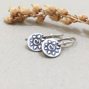 Tiny Primitive Sun Earrings - Oxidized Sterling Silver - Rustic Tribal Design