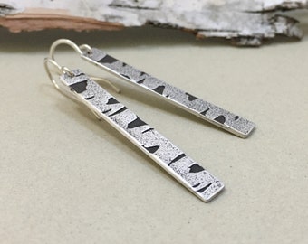 Silver Birch Bark Earrings - Oxidized Sterling Silver - Nature Lover - Long Dangle Tree Earrings